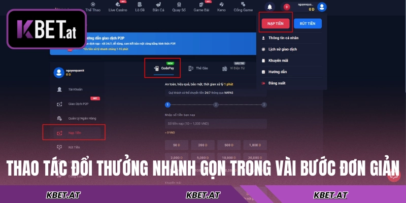 Thao tác đổi thưởng nhanh gọn chỉ trong vài bước đơn giản